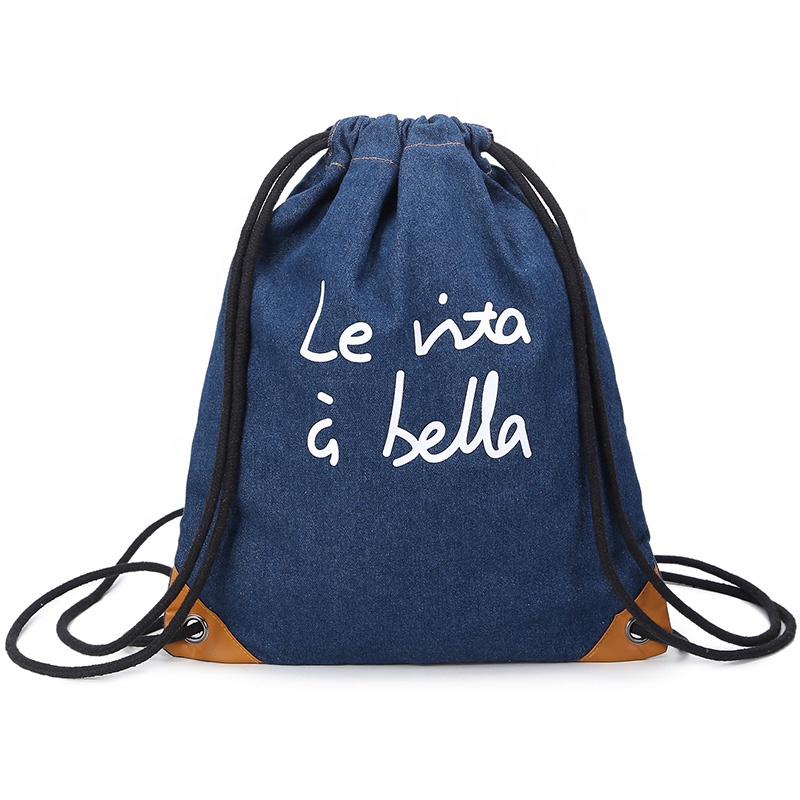 SG70 Nuovo design Top Sell School Kids Student Cotton Canvas Denim Drawstring Backpack