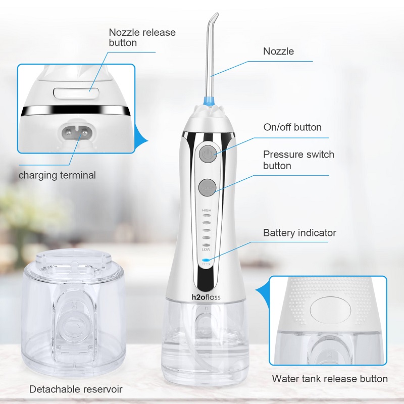 Irrigatore orale dentale cordless professionale H2ofloss Water Flosser - Flossing impermeabile e portatile IPX7 ricaricabile per la pulizia dei denti, serbatoio da 300 ml a casa e in viaggio (HF-2)
