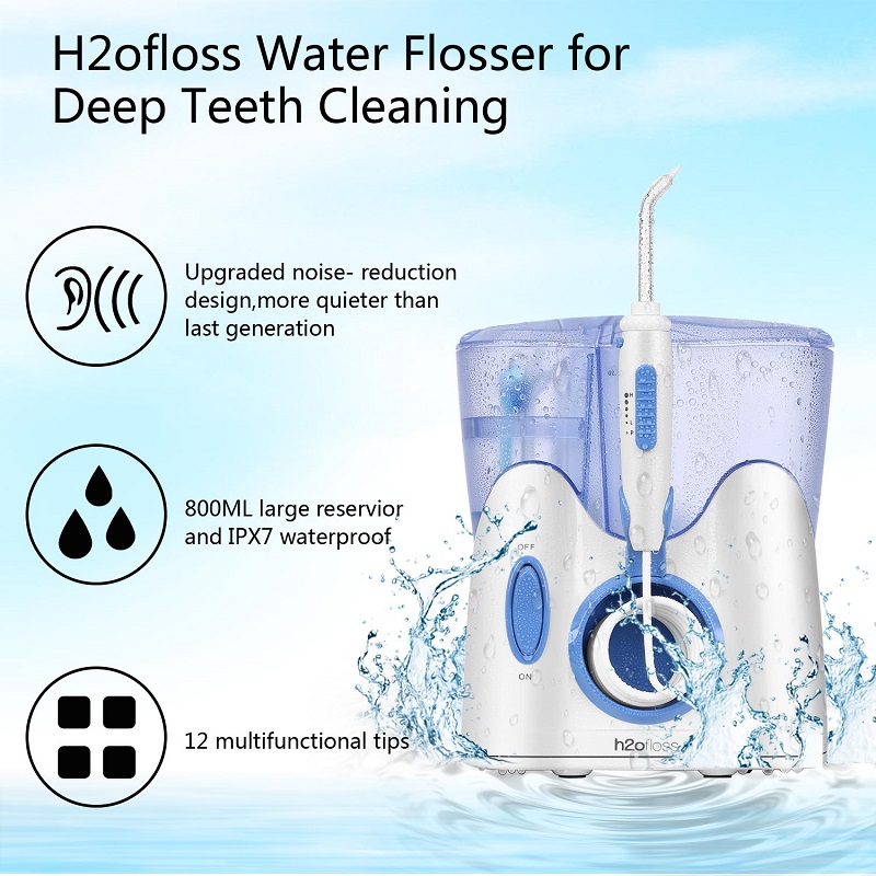 Flosser di acqua dentale H2ofloss per la pulizia dei denti con 12 punte multifunzionali e 800 ml, design silenzioso dell'irrigatore orale da banco professionale