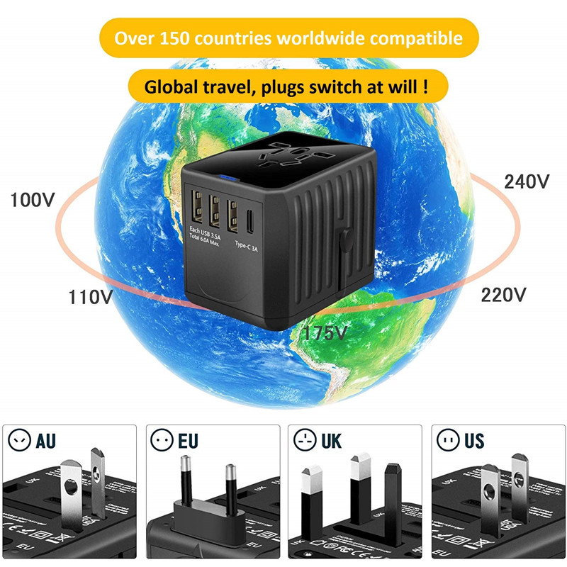 RRTRAVEL Adattatore da viaggio internazionale Adattatore di alimentazione universale in tutto il mondo Tutto in uno 4 USB con spina elettrica Perfetto per Stati Uniti, UE, Regno Unito, AU 160 Paesi europei