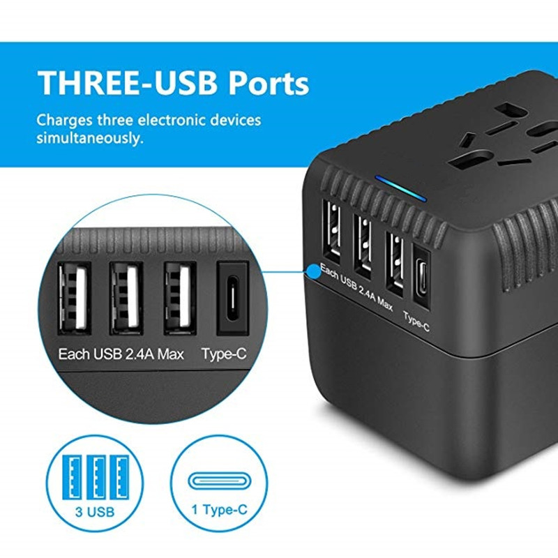 RRTRAVEL Universal Travel Adapter, All in One International Power Adapter with 3 USB +1 Type-C Charging Ports, European Plug Adapter, AC Outlet Plug Adapter for European, US, UK, AU 160+ Counters