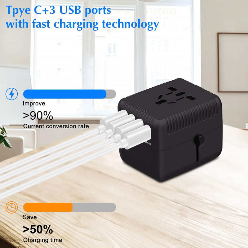 Adattatore da viaggio universale PD Un caricatore da muro internazionale Adattatore CA con 5A Smart Power e 3.0A USB Type-C per USA EU UK AUS