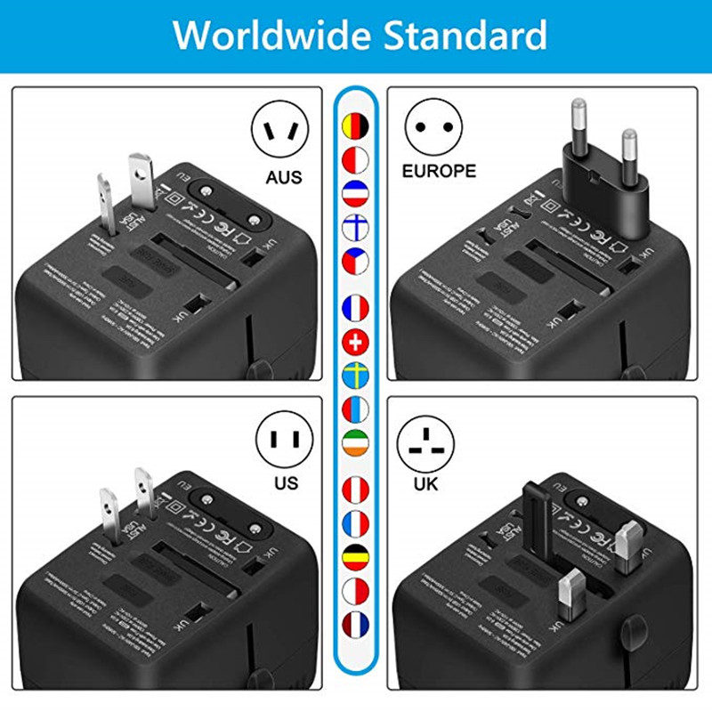 Adattatore da viaggio universale PD Un caricatore da muro internazionale Adattatore CA con 5A Smart Power e 3.0A USB Type-C per USA EU UK AUS