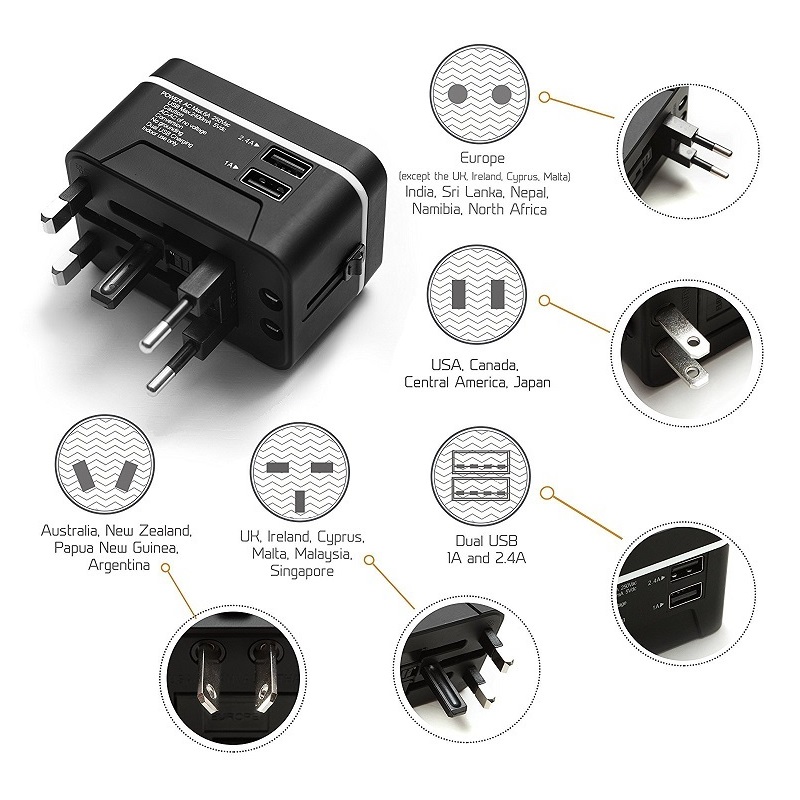 Adattatore da viaggio RRTRAVEL, adattatore di alimentazione internazionale universale con 2 porte USB e adattatore per spina europea, adatto per computer portatili in oltre 150 paesi