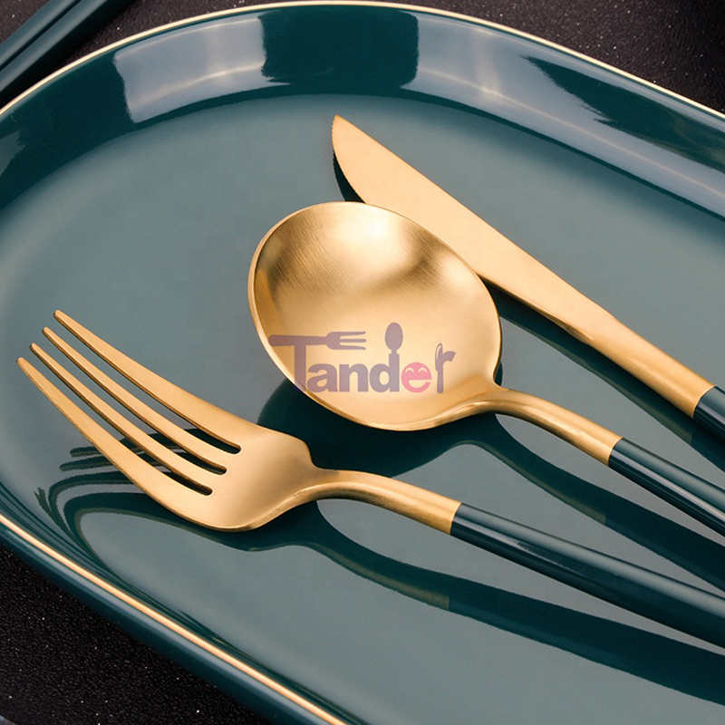 Green Handle Stainless Steel Wedding Full Restaurant Matte Gold Spoon Fork Knife Cutlery Set