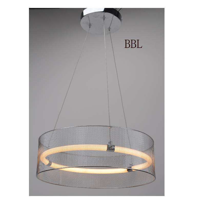 Lampada a sospensione a LED con paralume in rete metallica e tubo acrilico senza ombra
