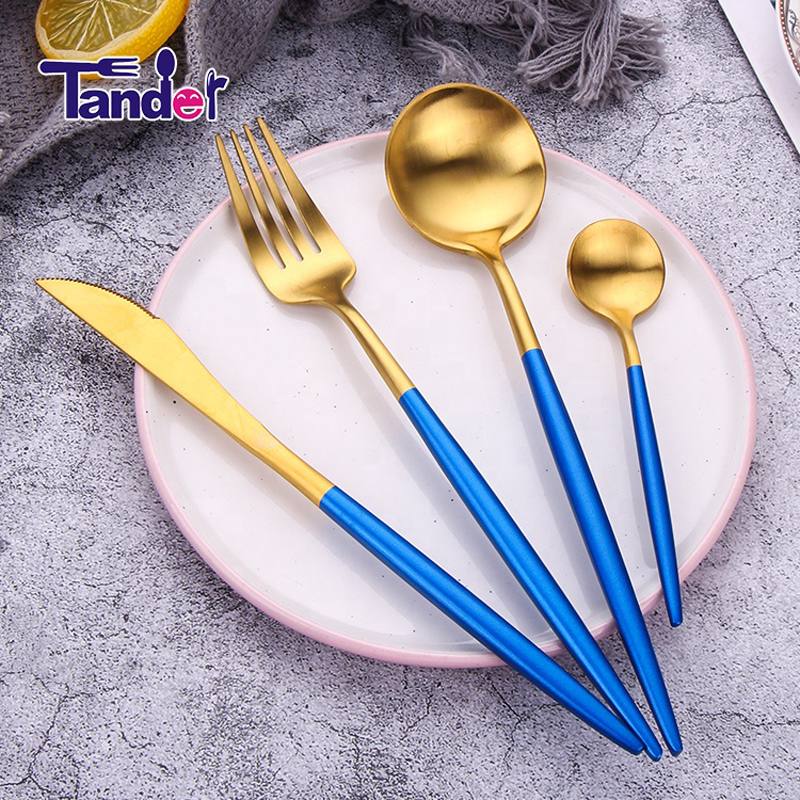 Tander Korean in stile oro piatti set di coltelleria blu acciaio inossidabile