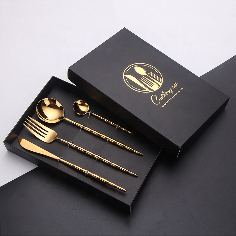 confezione regalo di alta qualità 18/8 lucidatura a specchio posate in acciaio inossidabile rivestimento in pvd dorato cena set di posate in oro reale
