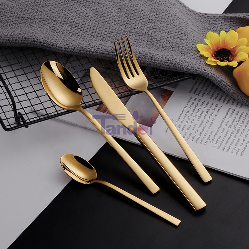 Set di forchette per coltelli Set di posate dorate Brillante metallo personalizzato Set di posate da 24 pezzi in acciaio inossidabile con custodia