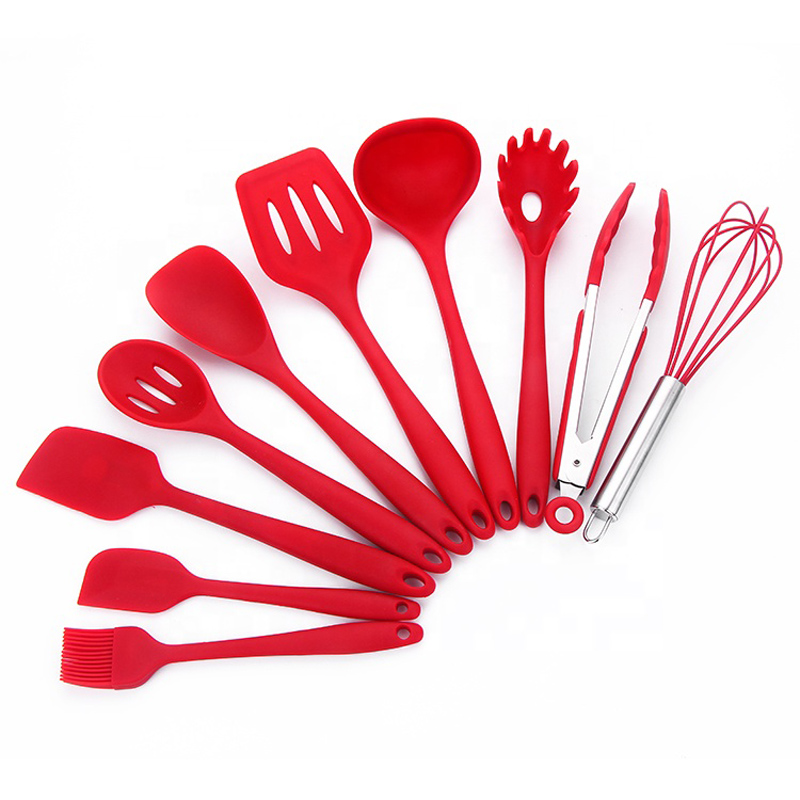 Set di strumenti di cottura facile da pulire rosso nero all'ingrosso 10 pezzi Set utensili da cucina in silicone
