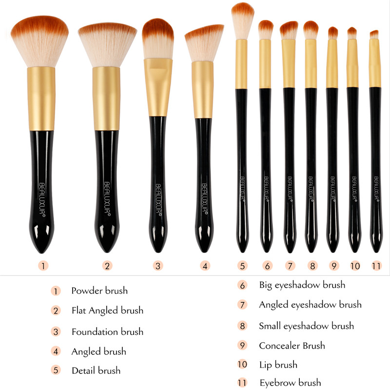 Set di pennelli per trucco ， 11 pezzi Pennelli per trucco Setole sintetiche di alta qualità Fondotinta in polvere Blush Contorno correttori Kit di spazzole per ombretti per labbra con borsa per trucco da viaggio ...