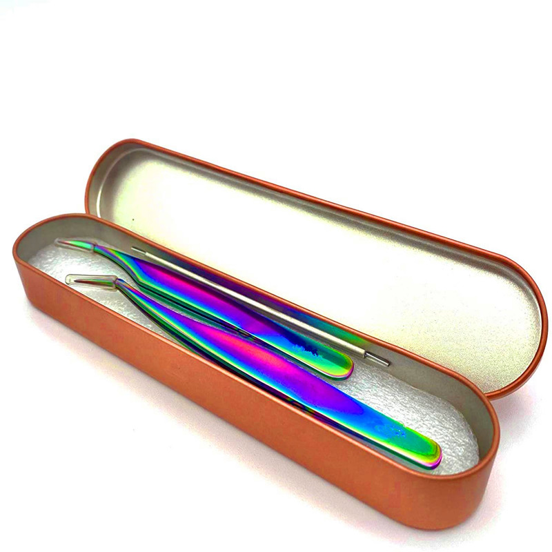 Pinzette di estensione ciglia 2 pezzi, arcobaleno in acciaio inossidabile superficie colorata 3D 4D 5D 6D estensioni ciglia professionali volume forma raccoglitori di pinzette curve con custodia in alluminio