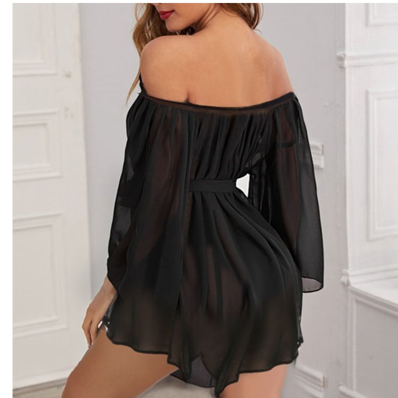 body lingerie sexy, lingerie sexy chaude trasparente, lingerie sexy donna Sexy trasparente a maniche lunghe in chiffon con bordi irregolari Camicia da notte sottile con perizoma