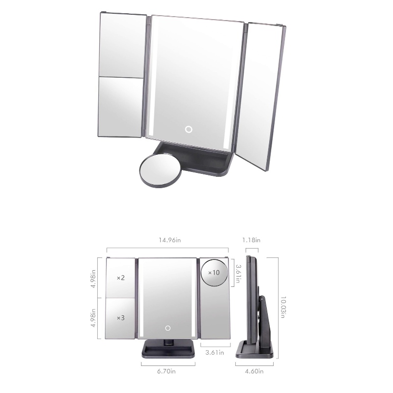 BEALUXUR Specchio per trucco a tre luci illuminato, LED pieghevole 1X 2X 3X 10X Specchio ingranditore per touchscreen con ingrandimento, doppia alimentazione, rotazione di 180 gradi