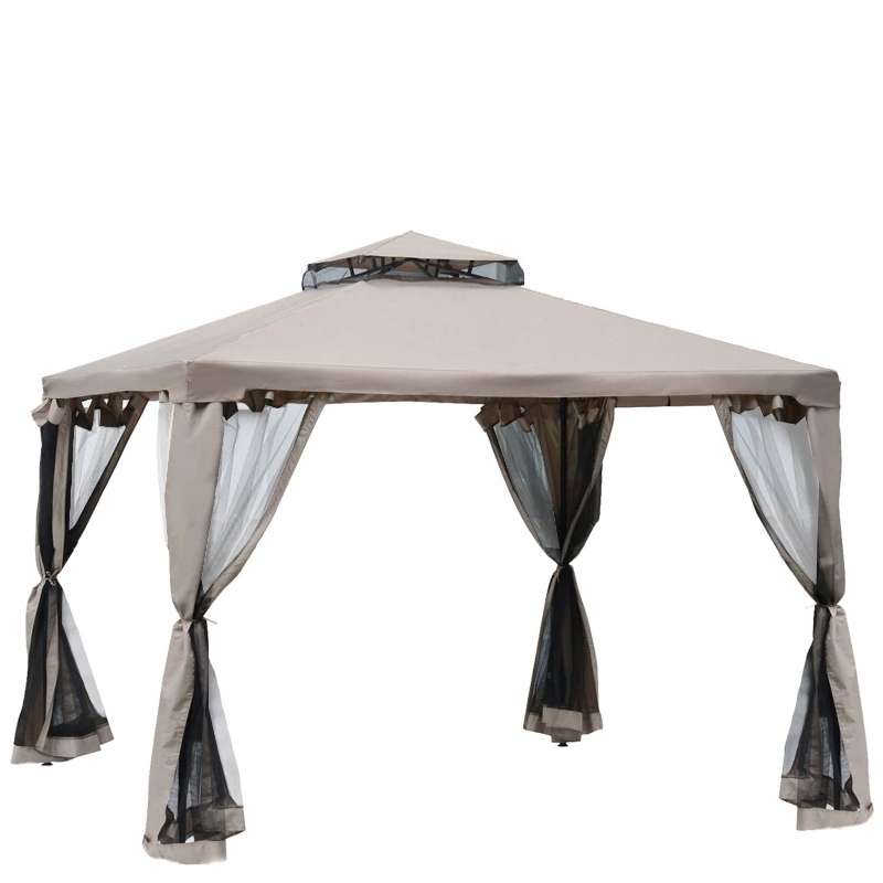 10’ x 10’ Patio Gazebo Pavilion Canopy Tent, 2-Tier Soft Top con Netting Mesh Sideware, Taupe
