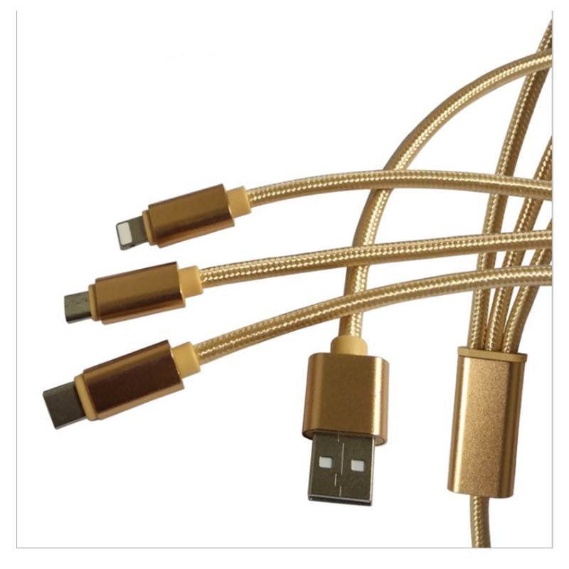 Linea dati del telefono cellulare 2A Linea di nylon a strisce di tigre treccia tre-in-one sicura linea di ricarica veloce dati