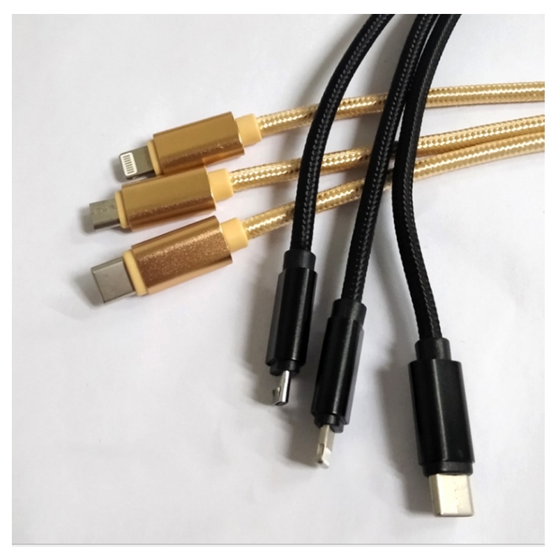 Linea dati del telefono cellulare 2A Linea di nylon a strisce di tigre treccia tre-in-one sicura linea di ricarica veloce dati