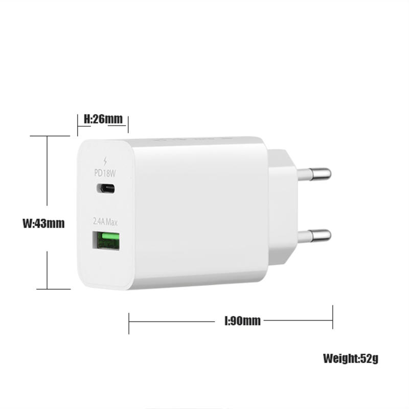 Adattatore 18W QC 3.0 + 2.4A Tipo-c USB Caricatore da viaggio da parete Caricabatterie rapido per cellulare Caricabatterie USB multiporta