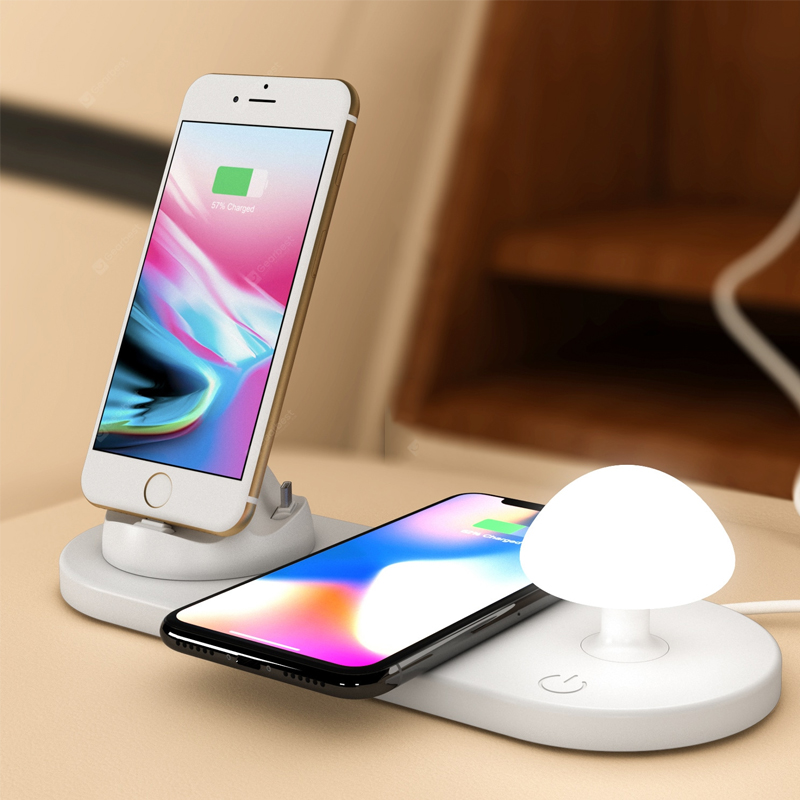 3 in 1 Base di ricarica wireless Lampada da rubinetto a forma di fungo Caricatore multiporta USB Lampada da notte a fungo - Bianca