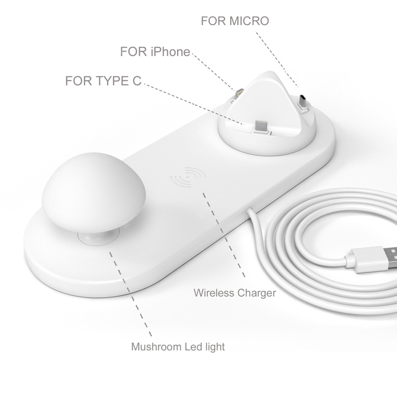 3 in 1 Base di ricarica wireless Lampada da rubinetto a forma di fungo Caricatore multiporta USB Lampada da notte a fungo - Bianca