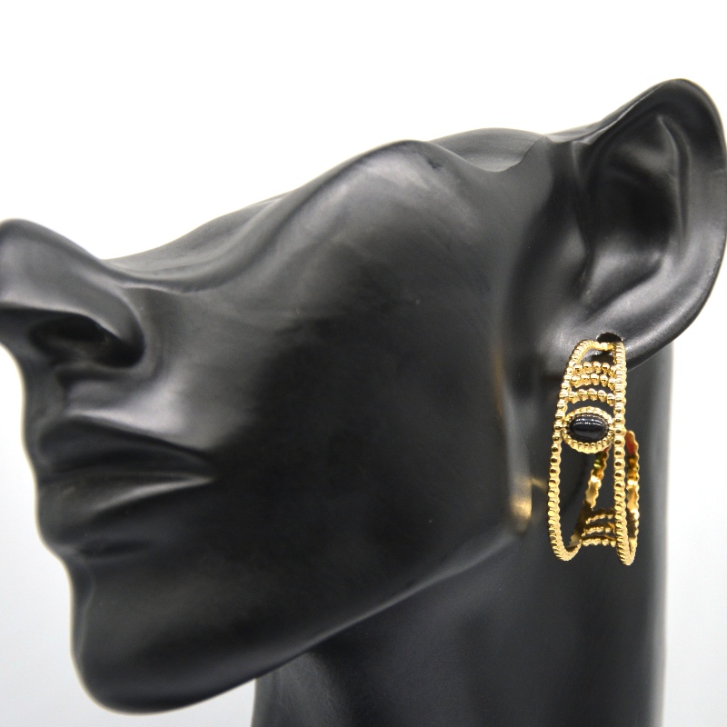 Orecchini a cerchio in oro, orecchini a cerchio a forma di C, agata nera, orecchie sensibili femminili, gioielli ipoallergenici, fabbrica di lavorazione di gioielli in Cina Ruifanbao