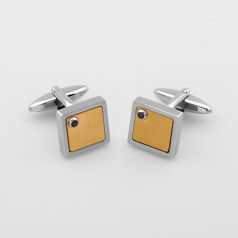 Gemelli da uomo in acciaio inossidabile placcato oro bicolore con pietra CZ nera