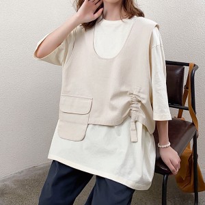 Design ampio Stile minimalista colletto tondo Stile manica cucita Casual Cotone tinta unita e lino oversize personalizzati 19527 T-shirt + Gilet