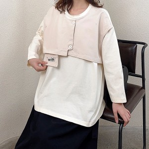 Design flessibile in stile Minimalist Round Collar stile maniche Stitugiato stile Cassual Solid color cotone e lino sovradimensionato personalizzato 12729 False due pezzi Sweatshirts
