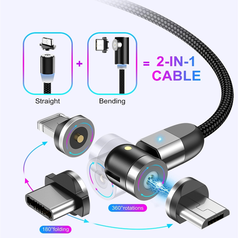 2 ° gen 540 rotazione micro USB tipo C Cavo di ricarica magnetica innylon intrecciata intrecciata in fretta ricarica rapida cavo USB