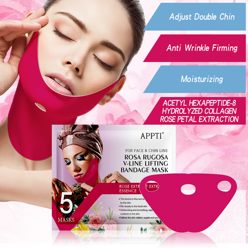 Apppti rose rugosa v-line sollevamento brandage maschera faccia faces dimagrante cinghia bellezza doppio mento riduttore idrogel maschera facciale per sollevare il mento e stringere la pelle