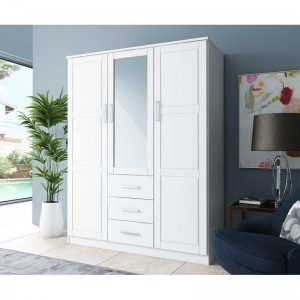 MWD22008-Solid famiglia legno guardaroba/closet/closet, 3 porte armadio con specchio e 3 cassetti, bianco.