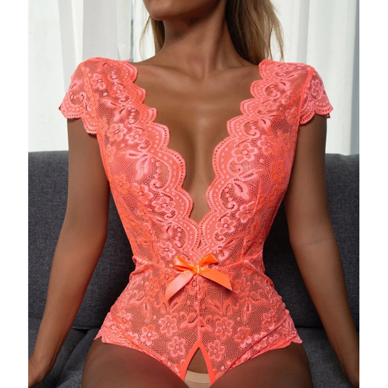 Dropshipping Deep V Pliunge One-Piece Lingerie Lace Trasparente Sleepwear Body Tuta Sexy Atzeries Materiale Donne Materiale Spandex/Cotton · Decorazione Pizzo