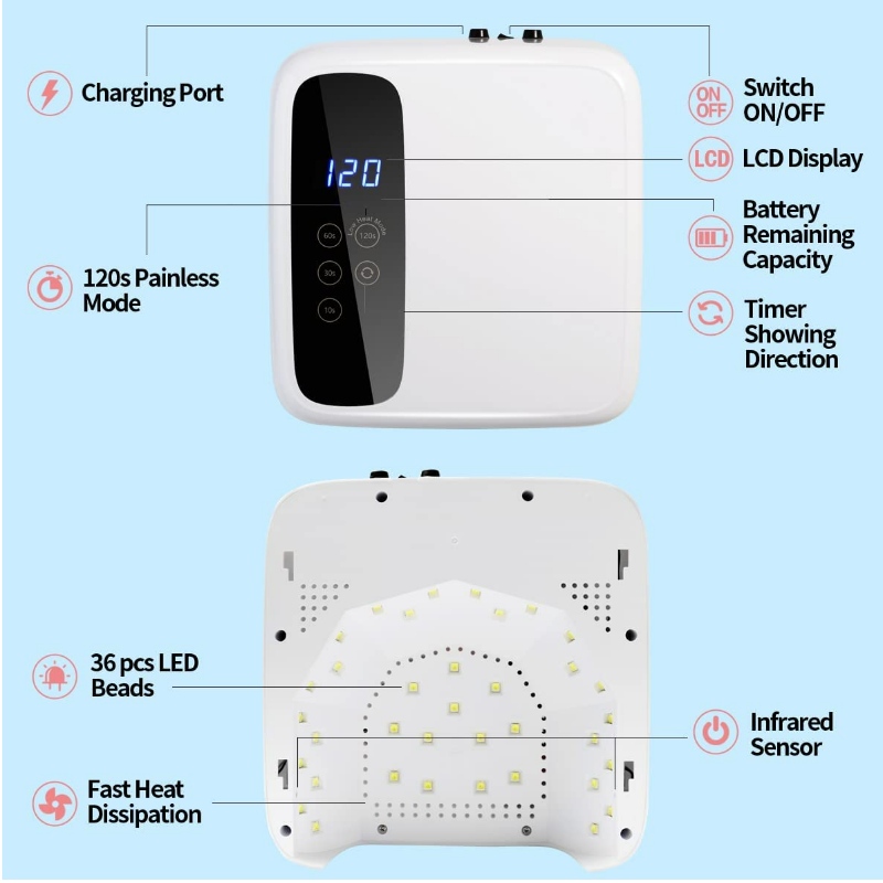 M&R 602PRO LAMPAGNO A UNGUA LED senza cordone, asciugacapelli wireless, luce a LED ricaricabile da 72 W, lampada per chiodo LED Gel portatile con 4 timer Sensore di impostazione e display LCD, lampada per chiodo a LED professionale per smalto in gel