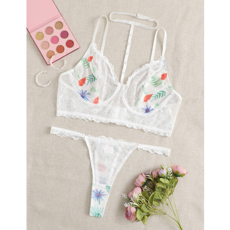 Imbracatura a pizzo floreale set di lingerie con perizoma