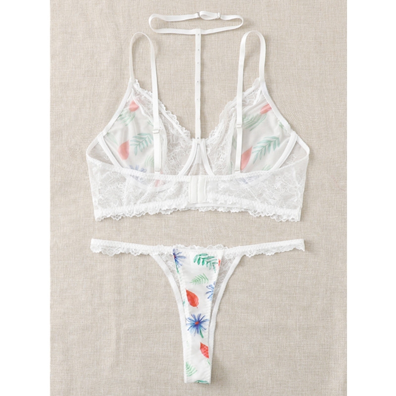 Imbracatura a pizzo floreale set di lingerie con perizoma