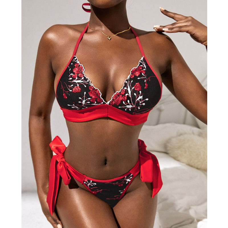 Set di lingerie da cravatta a contrasto di ricamo floreale