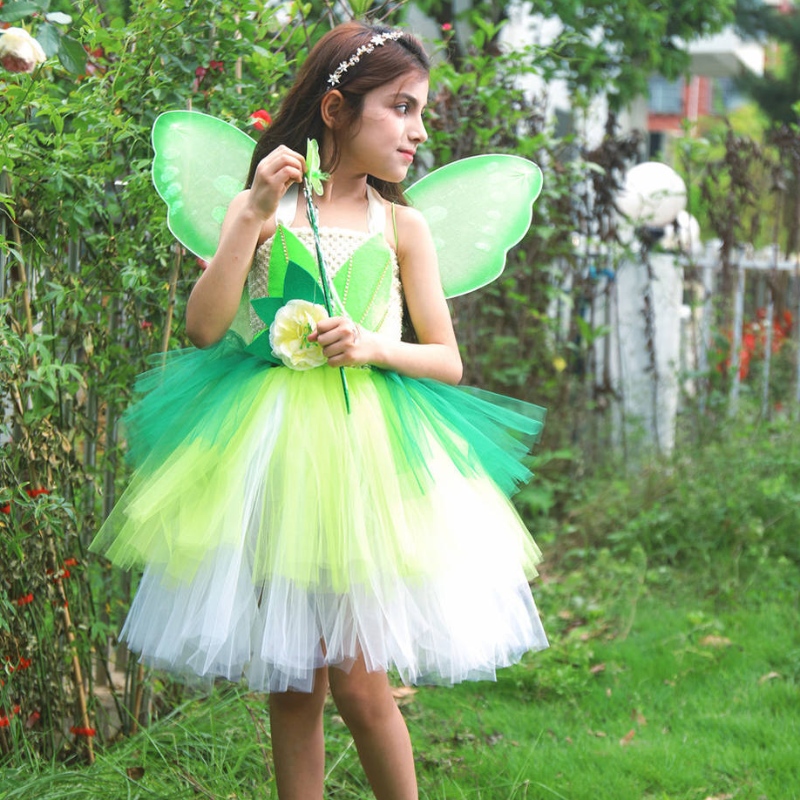 Halloween cosplay principessa bambine party green flower fata tinker abbigliamento costume da elfo con set di ali farfalle