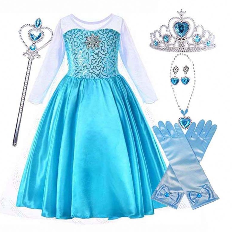 Snow Party Queen Halloween Costume Blu manica lunga Regina Snow Abito Elsa per ragazze con accessori HCGD-006