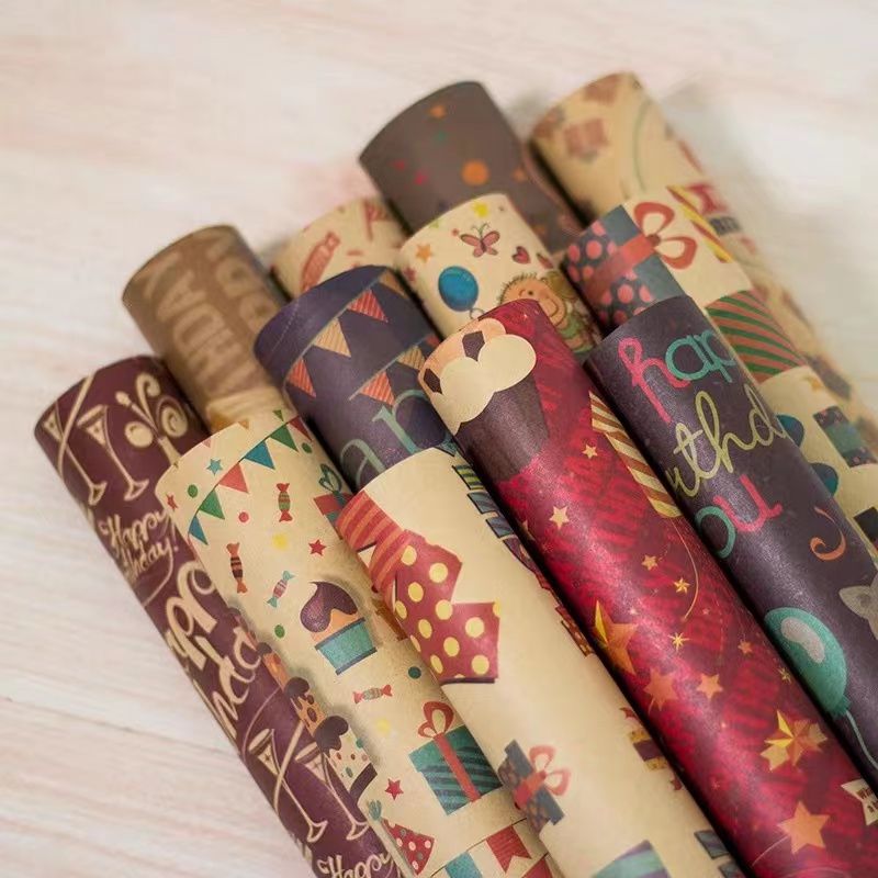 Carta da involucro cartacea stampata cartacera per compleanno logo personalizzato stampato 60 g/70g/80g/90g/100g pacchetto regalo di carta da imballaggio multicolore carta da regalo multicolore carta chirstmas carta kraft
