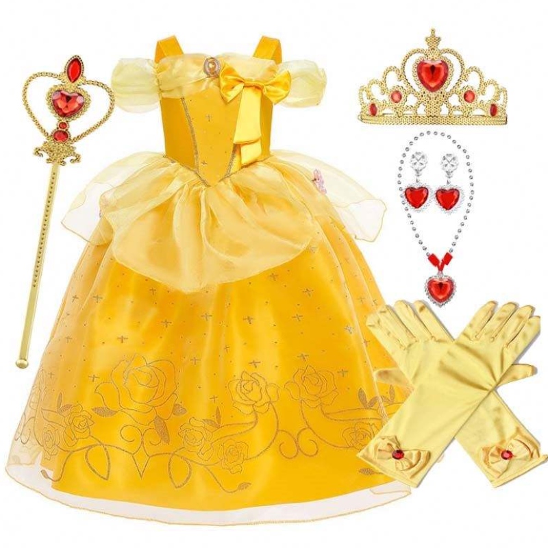 Abiti dinatale di Halloween bambina a strati gialli a strati classici abiti da principessa Belle principessa con accessori HCBL-005