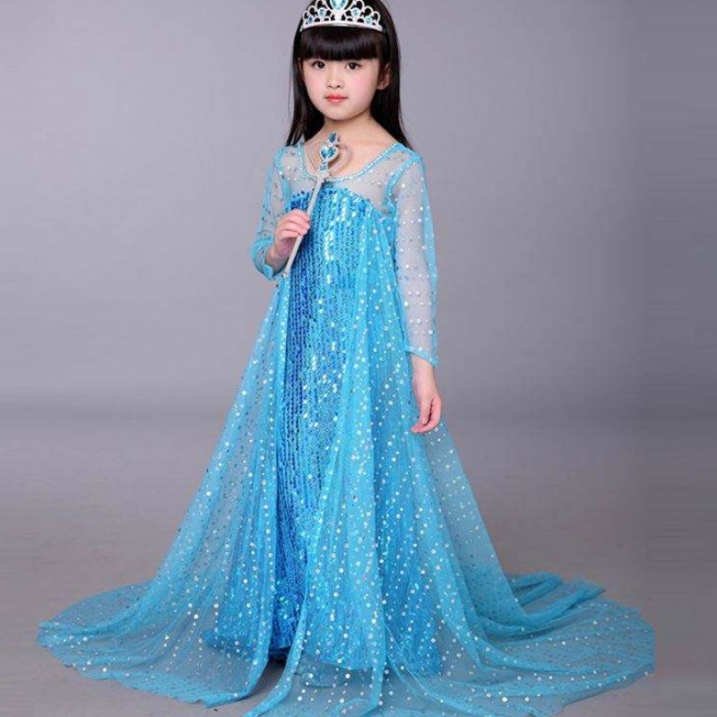 Baige Blue Elsa con paillettes Girl Kids Halloween Costume Elsa Ana Princess Dress