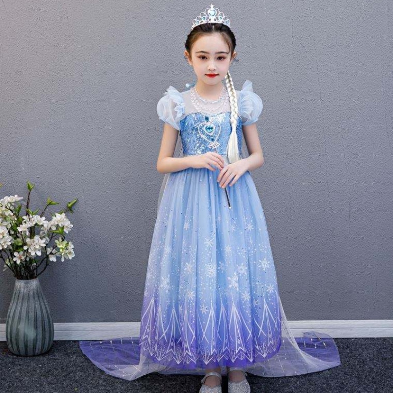 Baige 2021 Nuovo Blue Elsa Anna Girl Abito da festa Cosplay Vestiti da principessa con collana fatta a mano e mantello lungo