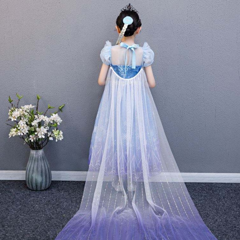 Baige 2021 Nuovo Blue Elsa Anna Girl Abito da festa Cosplay Vestiti da principessa con collana fatta a mano e mantello lungo
