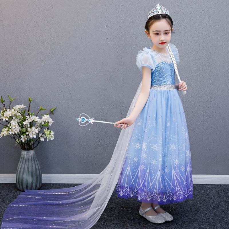 Baige 2021 Nuovo Blue Elsa Anna Girl Abito da festa Cosplay Vestiti da principessa con collana fatta a mano e mantello lungo