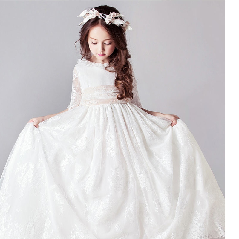 Abiti bianchi lunghi per bambini principessa principessa elegante ospite ospite bambini abito in pizzo da damigella d'onore abito da sera 3 6 14 anni