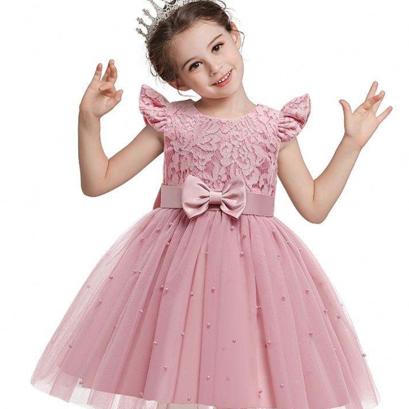 Baige Cross-Border Kids Dress Abito all'ingrosso a colori Solido in pizzo Bowknot Birthday Abito da festa D0761