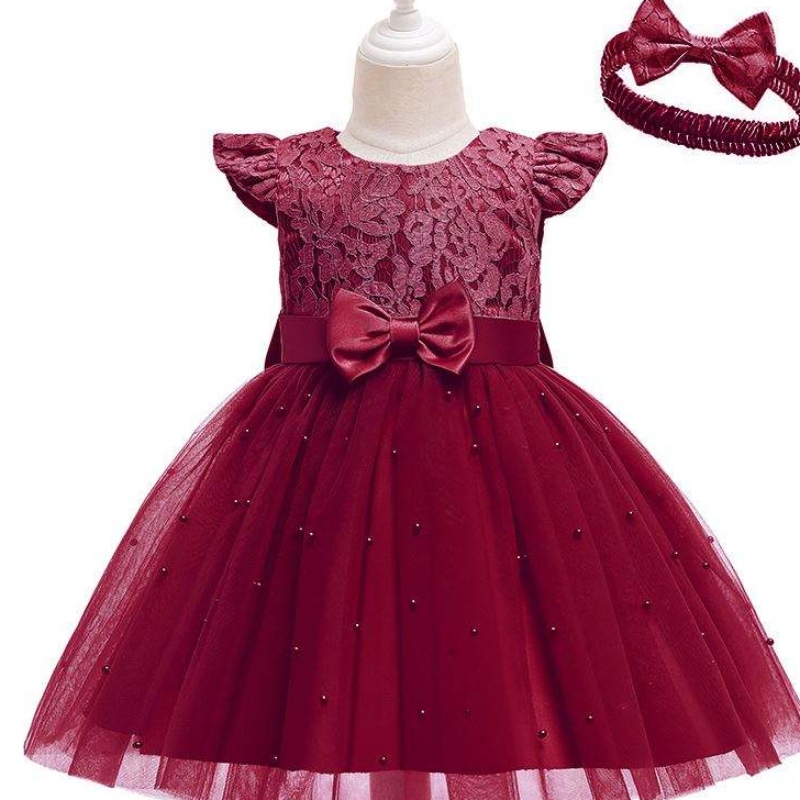 Baige Cross-Border Kids Dress Abito all'ingrosso a colori Solido in pizzo Bowknot Birthday Abito da festa D0761