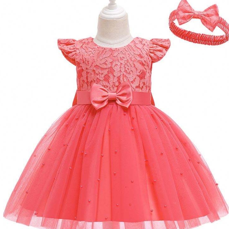 Baige Cross-Border Kids Dress Abito all'ingrosso a colori Solido in pizzo Bowknot Birthday Abito da festa D0761