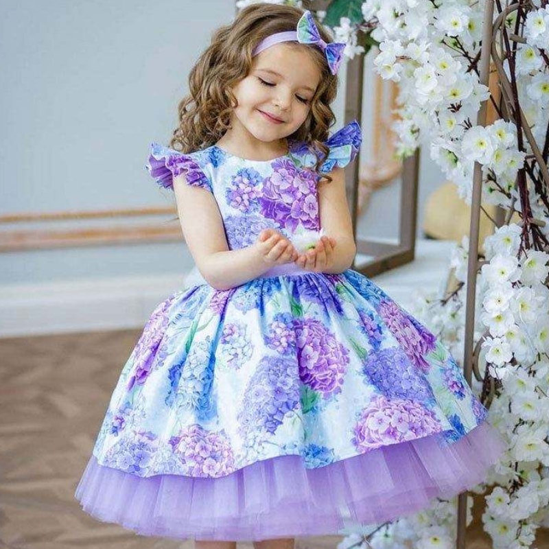 Baige Ultimi vestiti di stampa floreale per bambini per 3 anni abiti da damigella d'onore per feste