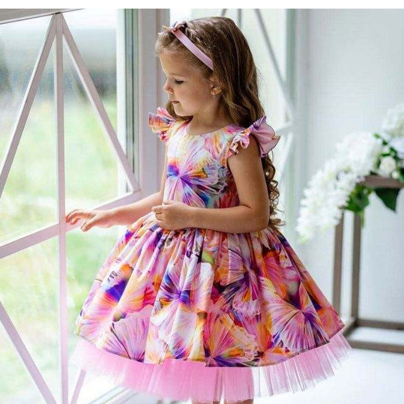 Baige Ultimi vestiti di stampa floreale per bambini per 3 anni abiti da damigella d'onore per feste